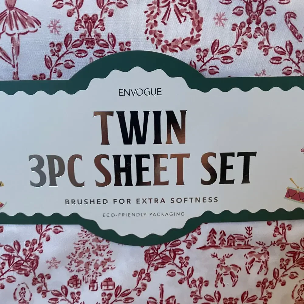 Envogue TWIN 4pc Sheet Set Nutcracker Toile Christmas Bedding Red & White New